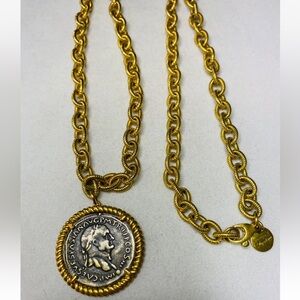 Vintage Dyadema Bronze Italy Roman Coin Pendant Goldtone Chain Link Necklace 30"